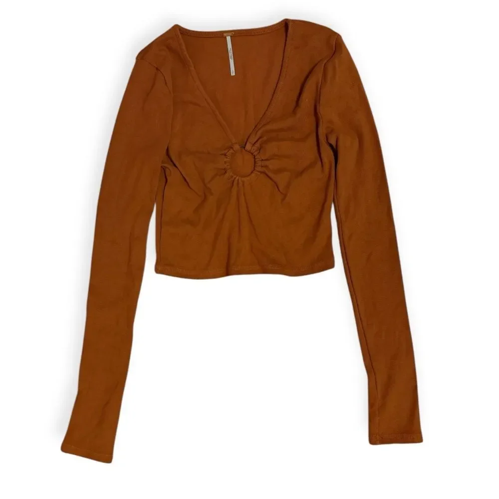 Free People Key To My Heart Scrunch Ring Long Sleeve Crop Top Orange Y2K Size S